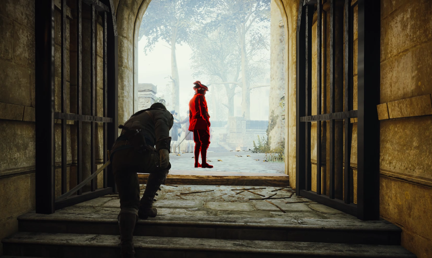 A screenshot of Assassin&rsquo;s Creed Unity &ldquo;Les Enragés&rdquo; mission. An Assassin is sneaking behind an unsuspecting guardsman.