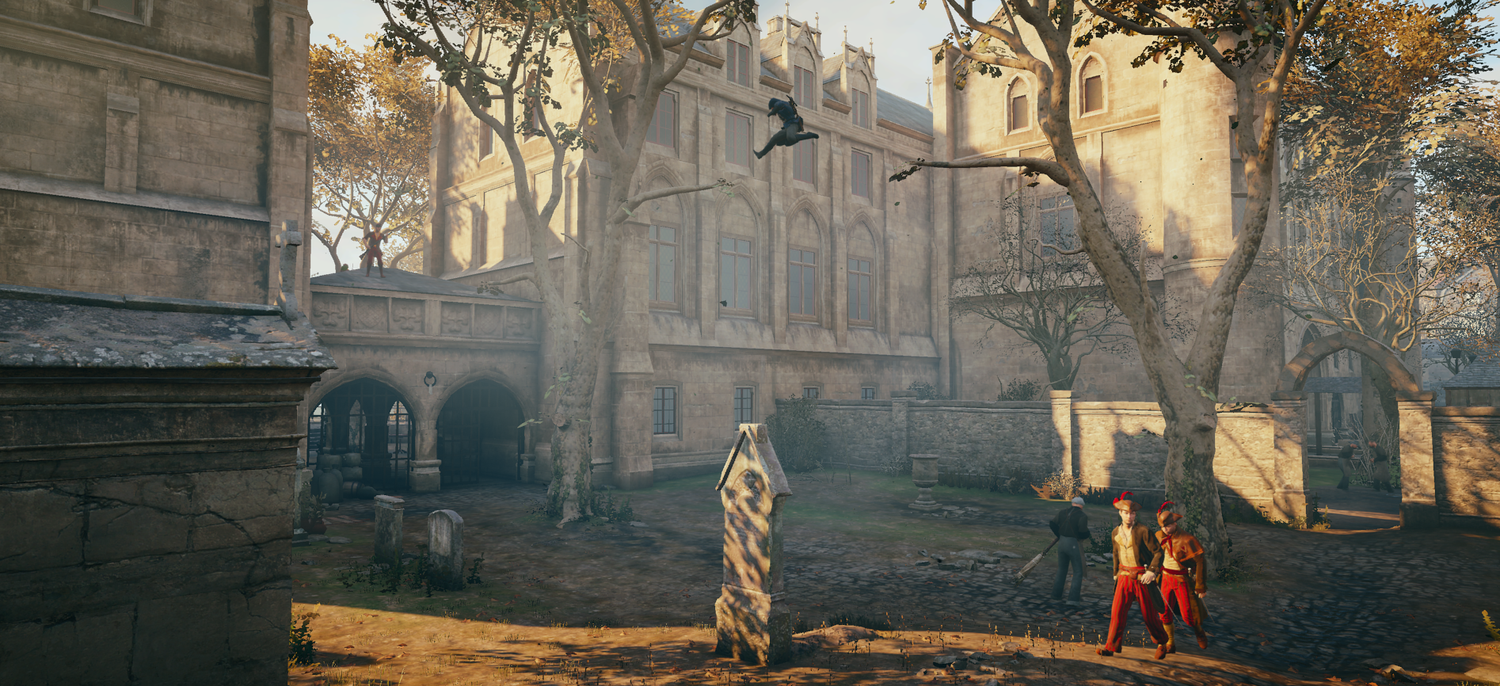 A screenshot of Assassin&rsquo;s Creed Unity &ldquo;Les Enragés&rdquo; mission. An Assassin jumps between 2 tree limbs.