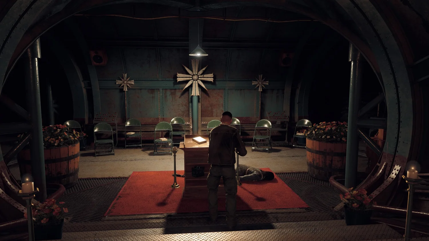 Casualties of War: A screenshot of the bunker interior, showing an ad hoc pulpit where a last-minute sermon was given.