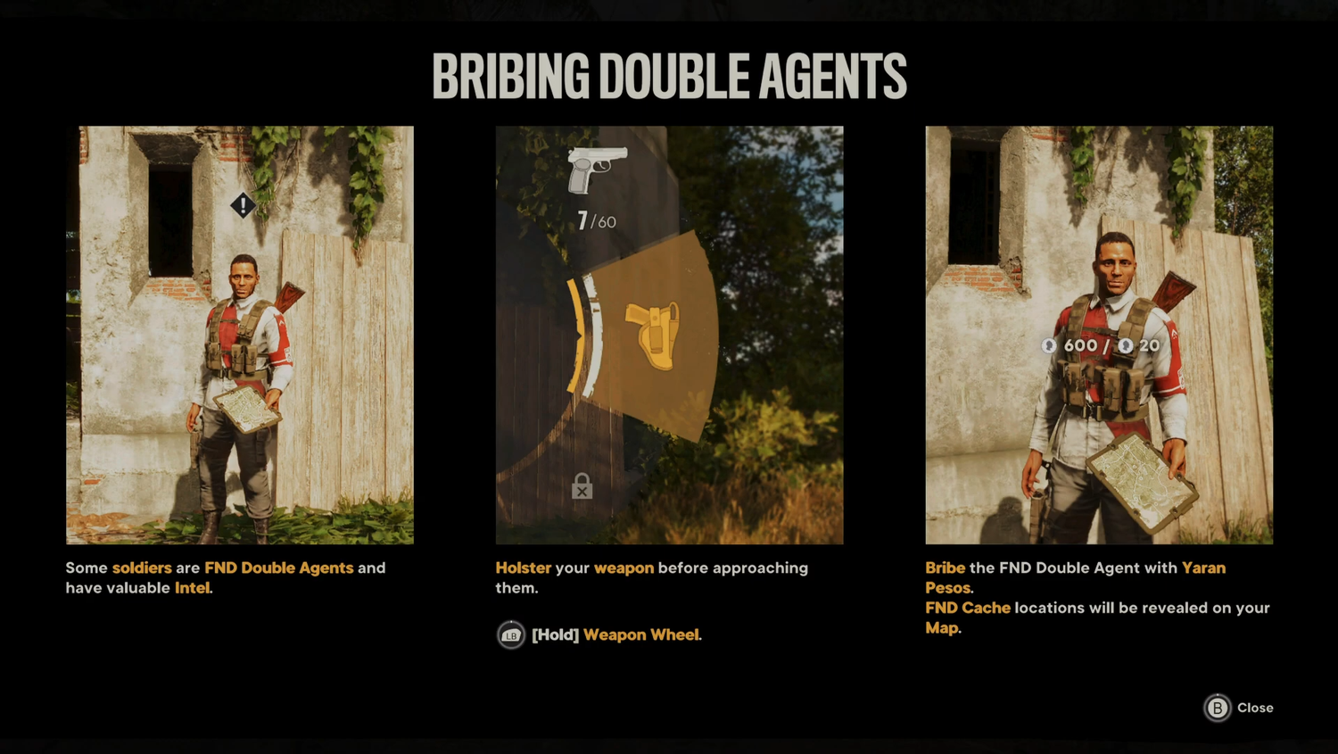 Bribing Tutorial: A tri-panel full-screen tutorial appears the first time the player is within proximity of a Double Agent that can be Bribed.