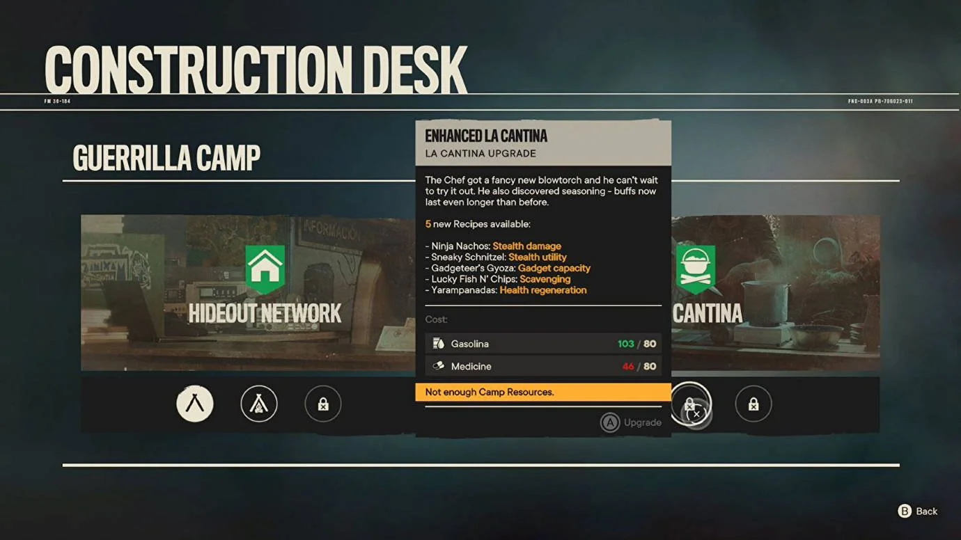 Guerrilla Camps: A screenshot of the Construction Desk main menu screen.