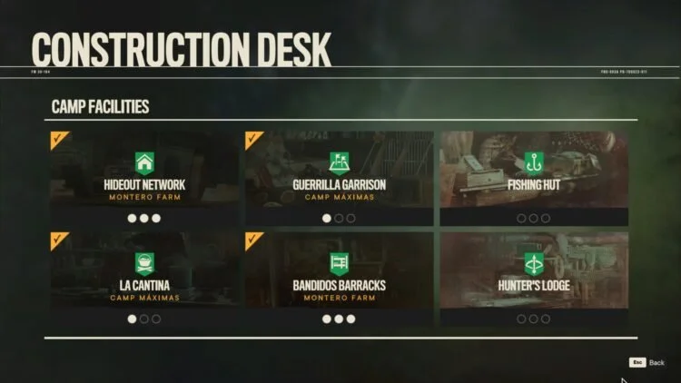 Guerrilla Camps: A screenshot of the Camp Facilities sub menu screen.