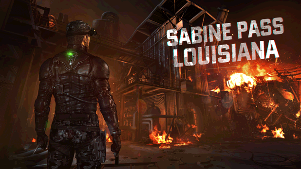 A screenshot of Splinter Cell Blacklst’s Sabine Pass LNG Terminal mission.