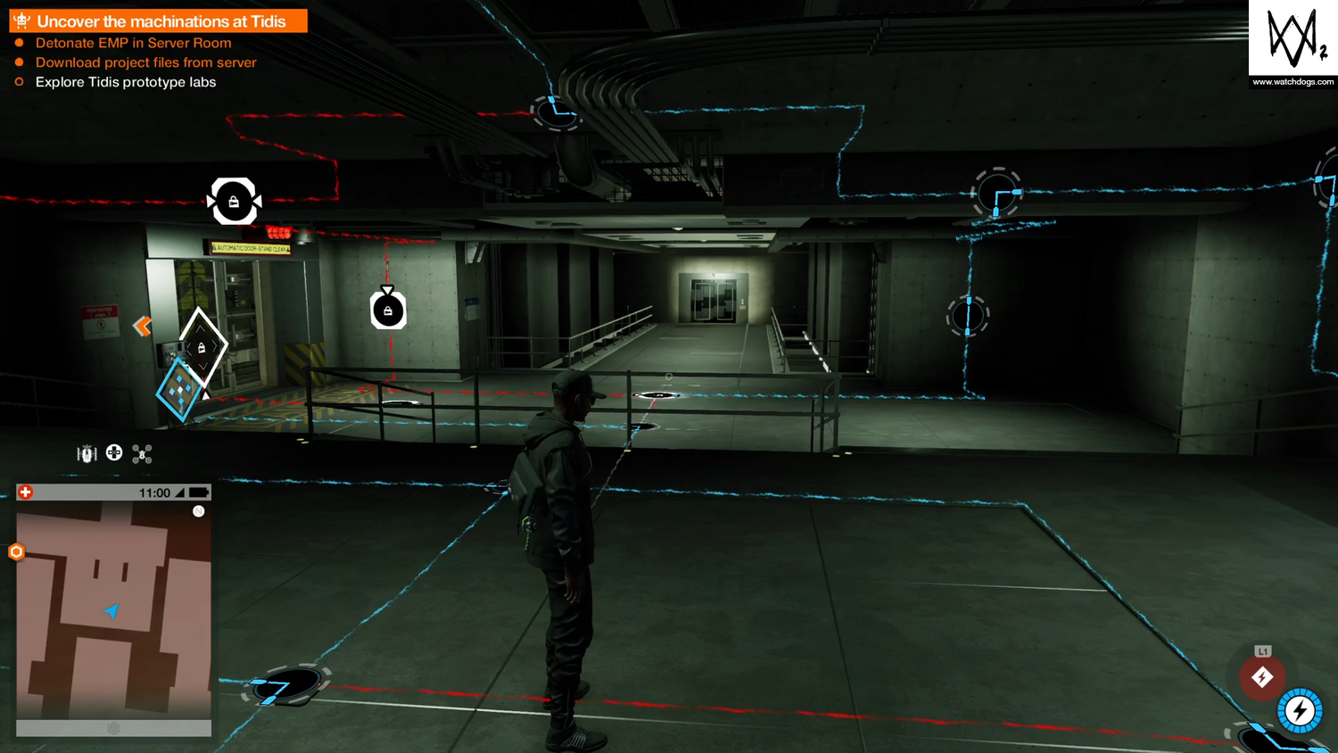 A screenshot of Watch Dogs 2&rsquo;s &ldquo;Man Versus Machine&rdquo; mission. The player is solving a Virtual Reality Puzzle as Marcus.