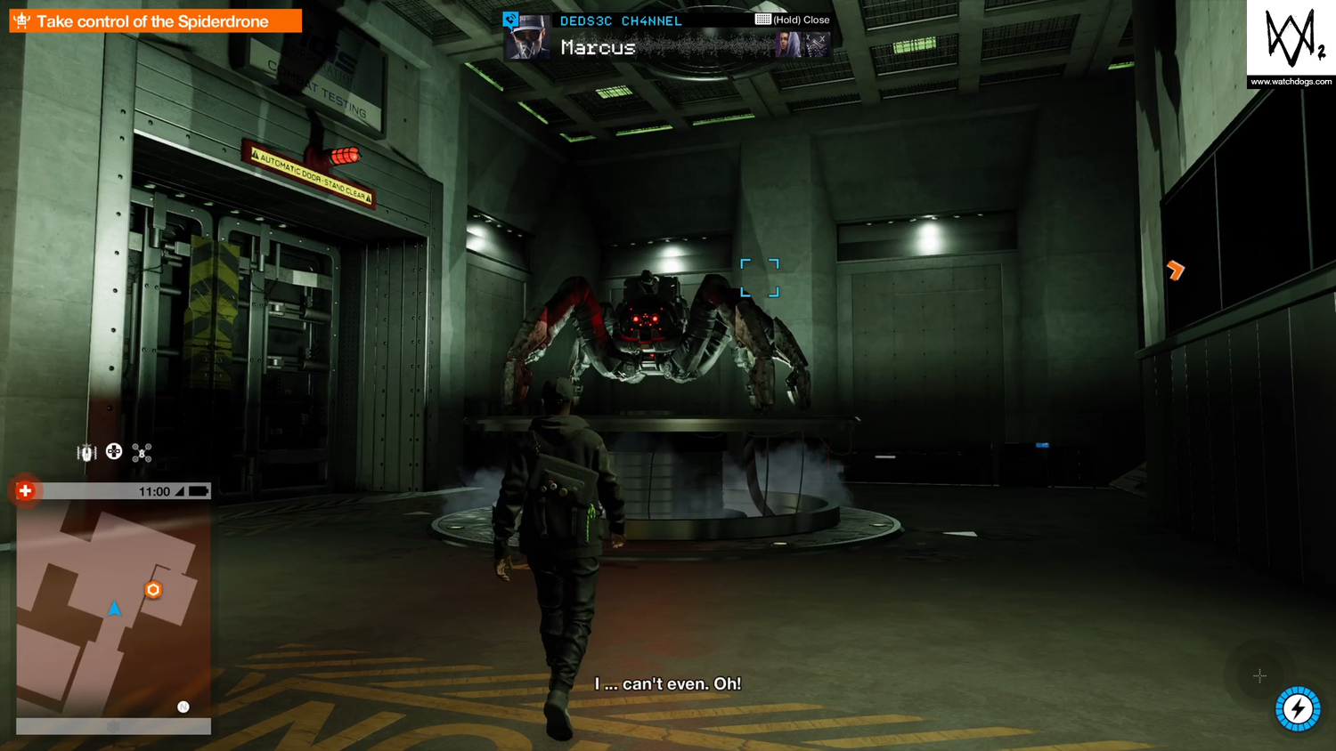 A screenshot of Watch Dogs 2&rsquo;s &ldquo;Man Versus Machine&rdquo; mission. The player is looking at a giant Spider Drone.