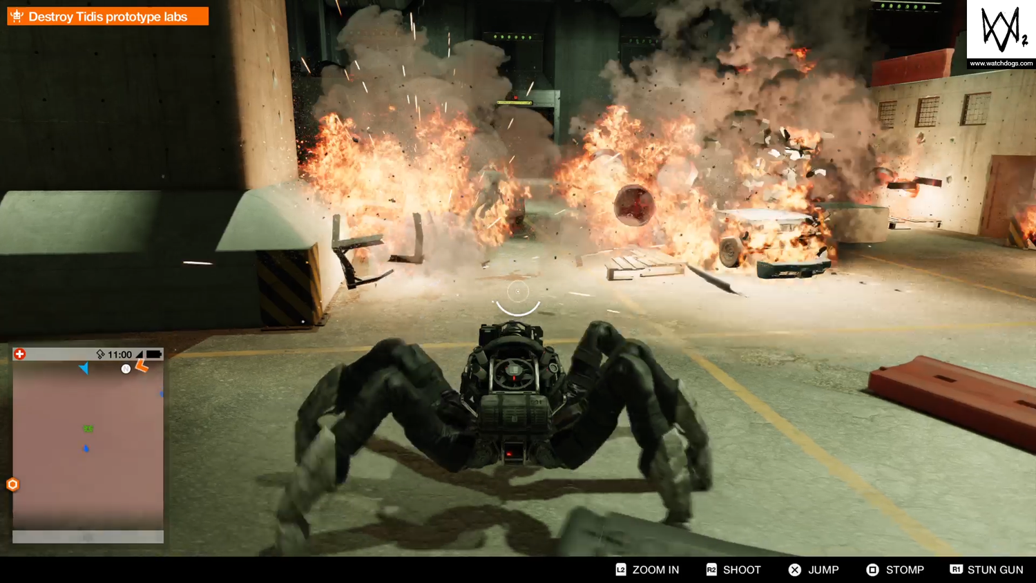 A screenshot of Watch Dogs 2&rsquo;s &ldquo;Man Versus Machine&rdquo; mission. The player is remotely controlling the Spider Drone.