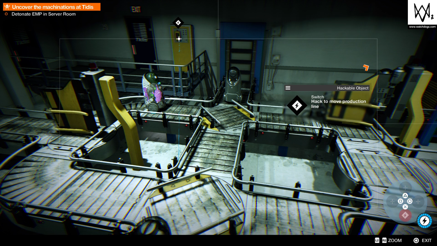 A screenshot of Watch Dogs 2&rsquo;s &ldquo;Man Versus Machine&rdquo; mission. The player is remotely controlling the Wrench Junior robot.